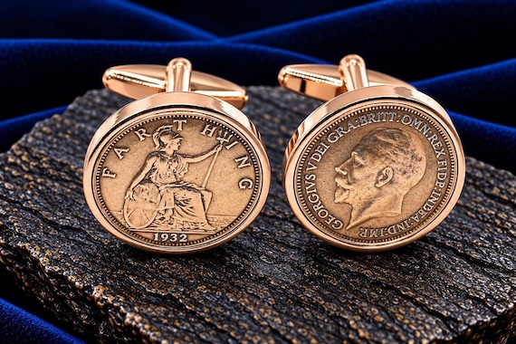 Coin Cufflinks, 1932 Farthing in Rose Gold Plated Setting
