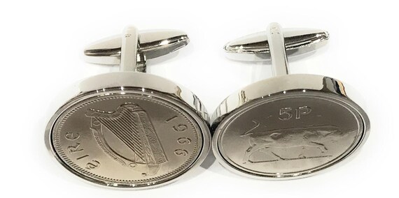 1969 56th Birthday Gift Old Large Irish 5p coin cufflinks: Silver or Gold Plated mounts