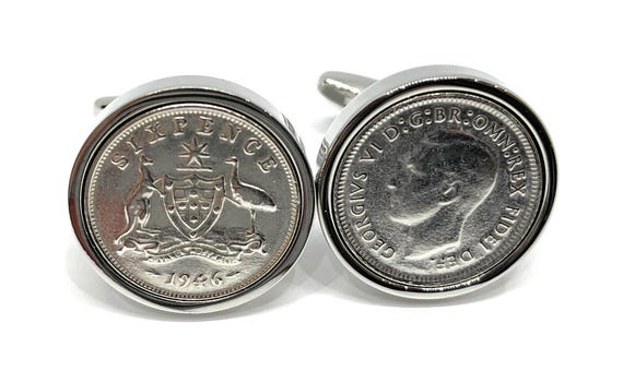 1946 Australian Sixpence Coin Cufflinks 79th Birthday Gift: Silver Plated Mounts