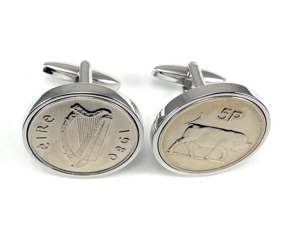 1980 Irish Five Pence Coin Cufflinks 45th Birthday Gift: Silver or Gold Plated Backs