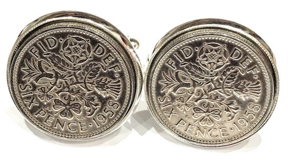 Luxury 1958 Sixpence Cufflinks for a 65th birthday.  Original british sixpences inset in Silver Plated French Cufflinks backs 65th Loved One