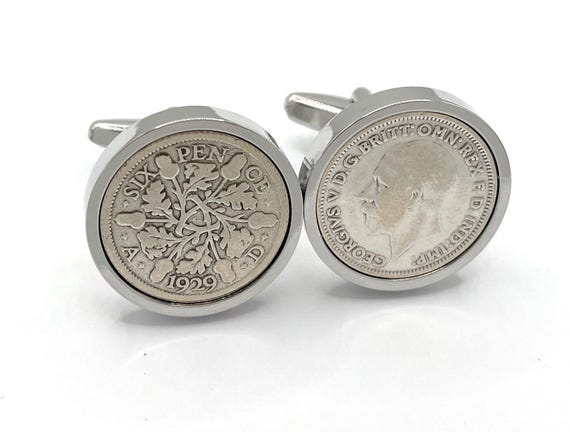96th Birthday gift 1929 Sixpence Coin Cufflinks: Silver, Gold or RoseGold Plated backs