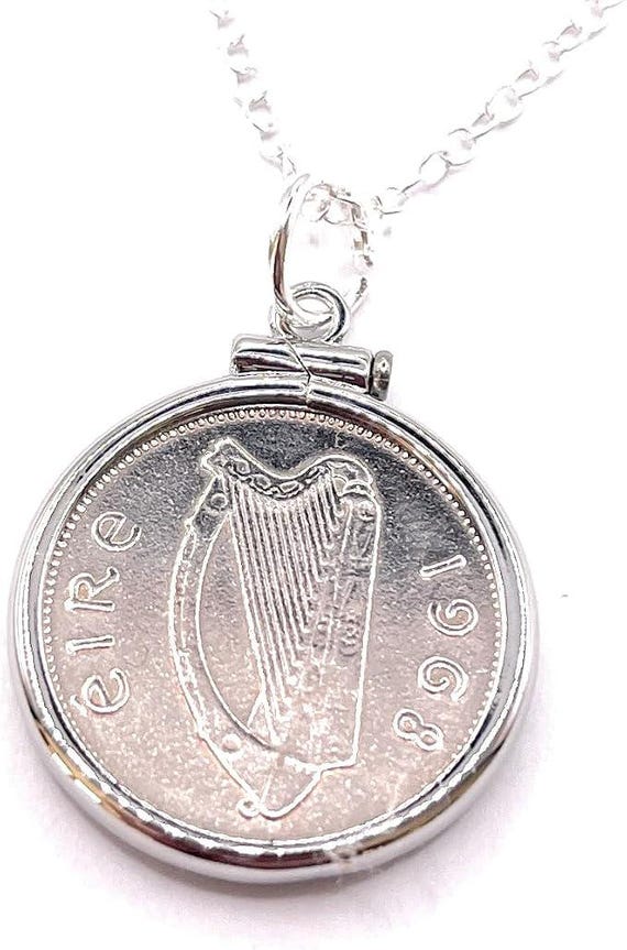 58th Birthday Gift, 1968 Irish Sixpence Coin Pendant Solid Cinch: Sterling Silver Chain