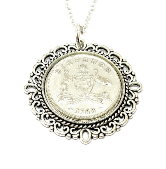 Fancy Pendant 1963 Lucky Australian sixpence 62nd Birthday plus a Sterling Silver 18in Chain 62nd birthday gift for her, Thinking Of You