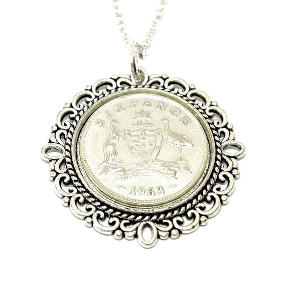 Fancy Pendant 1963 Lucky Australian sixpence 61st Birthday plus a Sterling Silver 18in Chain 61st birthday gift for her, Thinking Of You