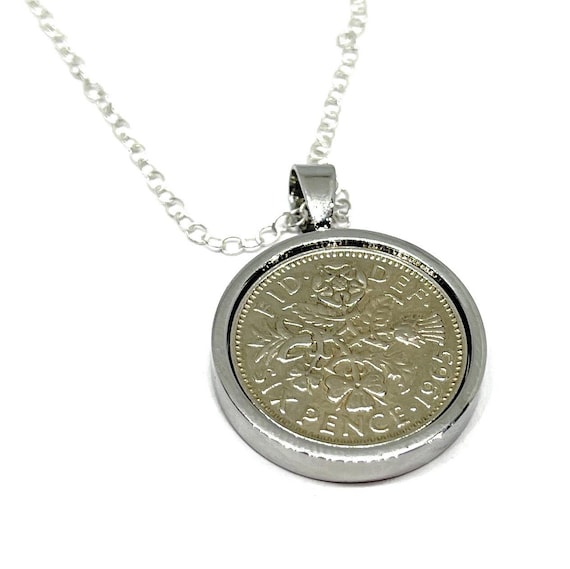 Round Pendant 1965 Lucky sixpence 60th Birthday gift for women Sterling Silver  Chain 60th birthday gift for her Thinking Of You, Mum Dad