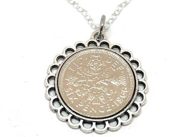 Colgante con moneda de seis peniques de 1966: Regalo de 60 cumpleaños, cadena de plata de ley.