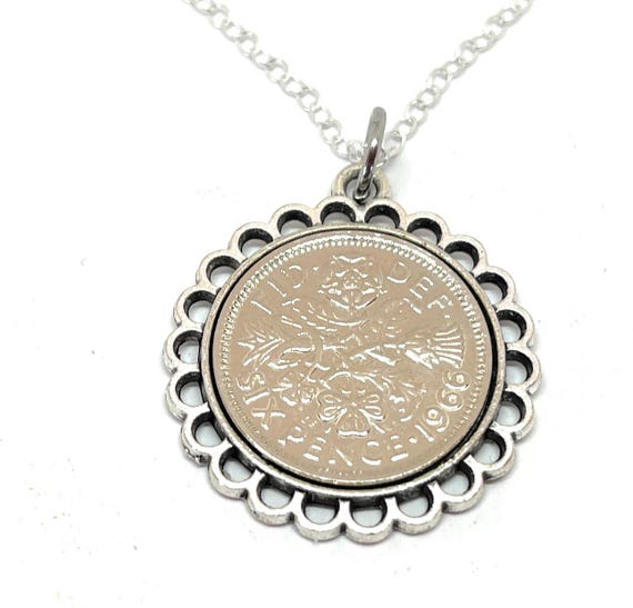 1966 Sixpence Coin Pendant Fine: 59th Birthday Gift, Sterling Silver Chain