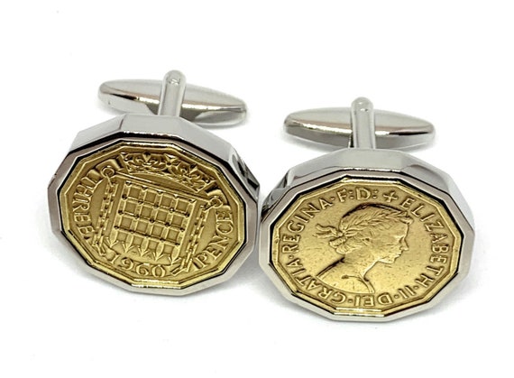 1960 Threepence 3d 65th birthday Cufflinks, Original 1960 threepence coin cufflinks for 65th birthday, Mens 65th Gift from 1960 HT Loved One