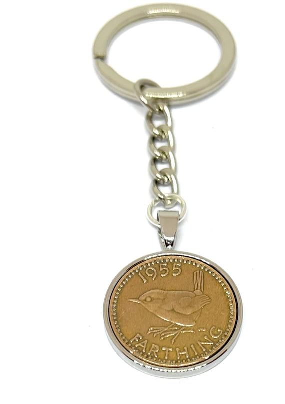 1955 70th Birthday Farthing Keyring: Silver, Gold or RoseGold Plated Backs