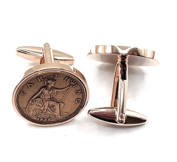 1927 98th Birthday Gift Farthing Coin Cufflinks:  Rose Gold plated Backs