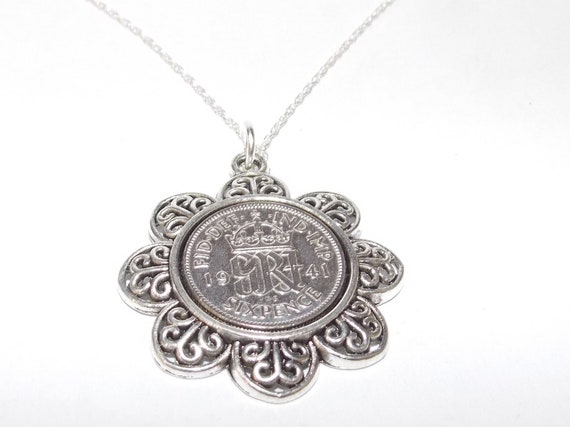 Floral Pendant 1941 Lucky sixpence 84th Birthday plus a Sterling Silver 18in Chain 84th birthday gift for her, mothers day gift Loved One