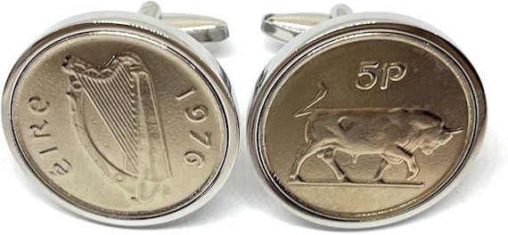 1976 49th Birthday gift Large Irish Five Pence coin cufflinks 23mm: Silver Plated backs