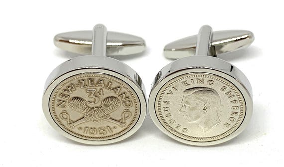 Luxury 1951 New Zealand Threepence Cufflinks for a 74th birthday.  Original New Zealand Coins inset in Silver Plated French Cufflinks backs