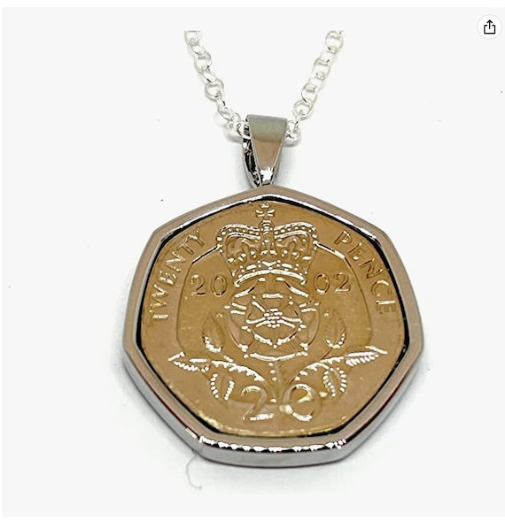 Solid 2002 23rd Birthday / Anniversary twenty pence coin Pendant 2002 for a 23rd Birthday SLV