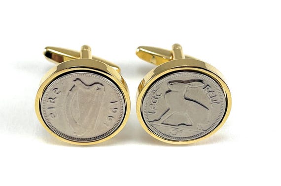 1961 Irish Threepence Coin Cufflinks 64th birthday gift: Gold Plated Mounts