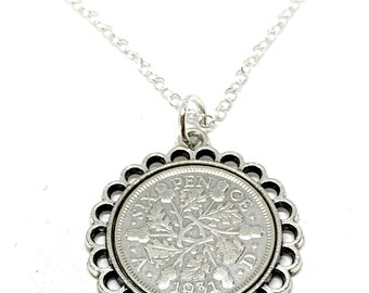 Pendentif fin 1931 Lucky sixpence 93e anniversaire plus une chaîne en argent sterling 18 pouces 93e cadeau d'anniversaire pour elle, 93e sœur, 93e maman bien-aimée