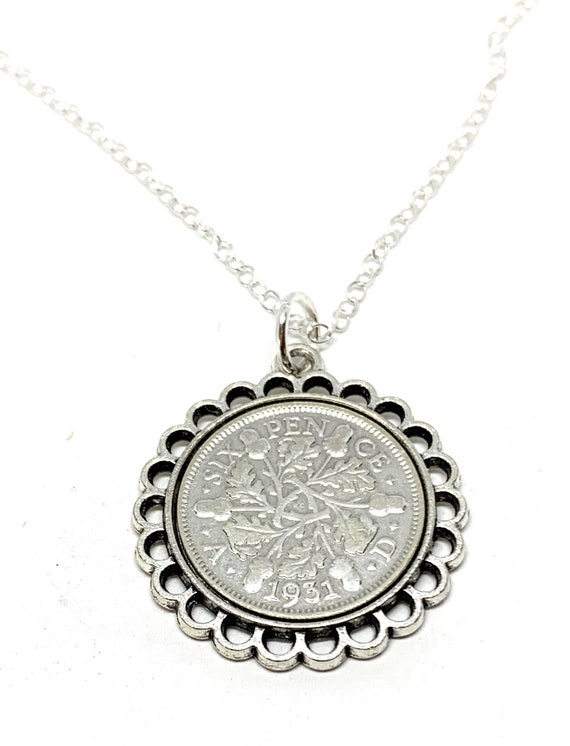 Fine Pendant 1931 Lucky sixpence 93rd Birthday plus a Sterling Silver 18in Chain 93rd birthday gift for her, 93rd Sister, 93rd Mum Loved One