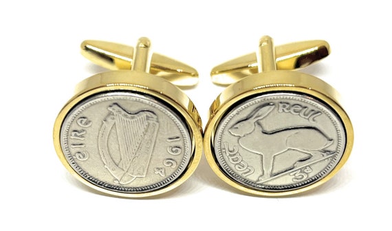 1964 Irish coin cufflinks- Great coin gift idea. Genuine Irish 3d threepence coin cufflink 1964 with hare and harp, Thinking Of You, Dad GLD