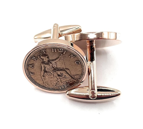 Coin Cufflinks, 1926 British Farthing with Rose Gold Plated Backs