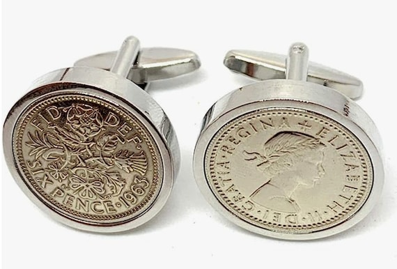 Premium 1963 Sixpence Cufflinks for a 62nd birthday.  Original British sixpences inset in Silver Plated Cufflinks backs