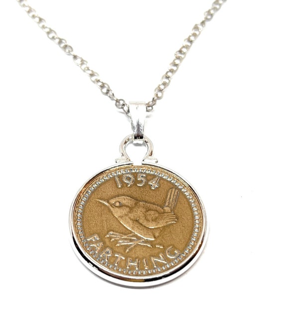 1954 70th Birthday gifts for women Anniversary Farthing coin in a Silver Plated Pendant mount plus 18 Inch SS Chain 70th birthday gift