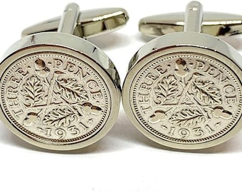1931 Threepence Coin Cufflinks: 85th Birthday Gift Silver Plated Mounts