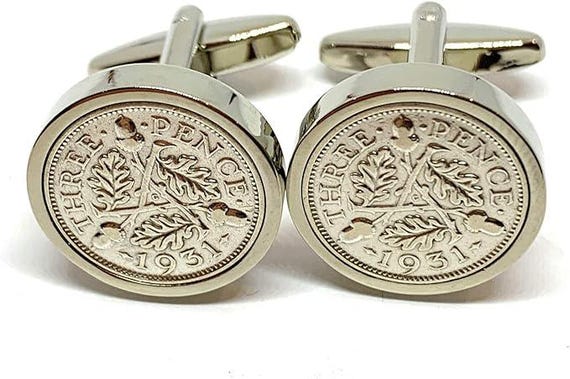 1931 Threepence Coin Cufflinks: 84th Birthday Gift Silver Plated Mounts