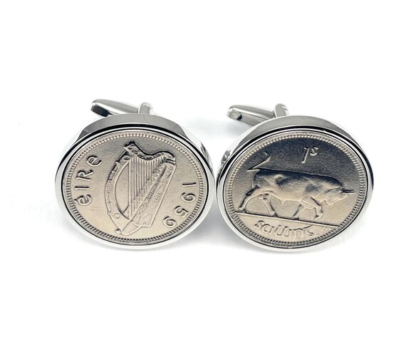 1959 Large Irish Shilling Cufflinks 67th Birthday Gift 23mm: Silver or Gold Plated Mounts
