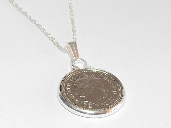 Coin Pendant, 2000 British 5p, 18-Inch Sterling Silver Chain