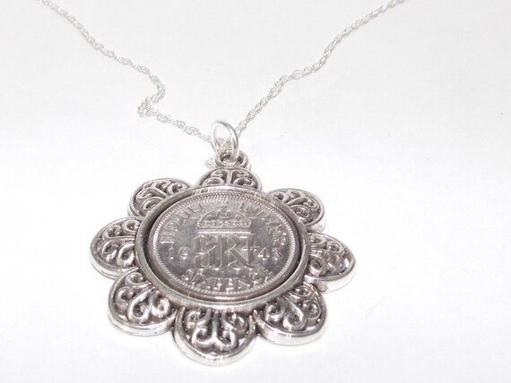 Floral Pendant 1943 Lucky sixpence 81st Birthday plus a Sterling Silver 18in Chain 81st birthday gift for her Thinking Of You, Mum Dad