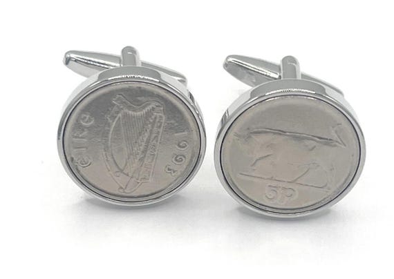 Cufflinks For Men, 1993 Irish Five Pence Coin Pair with Silver-Plated Backs