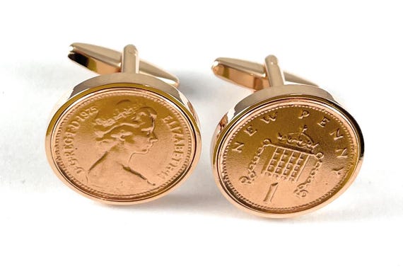 1975 50th Birthday gift for Dad One pence cufflinks from 1975 for a 50th birthday present Brother Uncle Groomsman Rose Gold Plated Backs