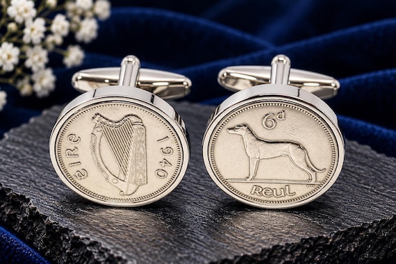 1940 Birthday, Irish Sixpence Coin Cufflinks With Silver-Plated Mounts