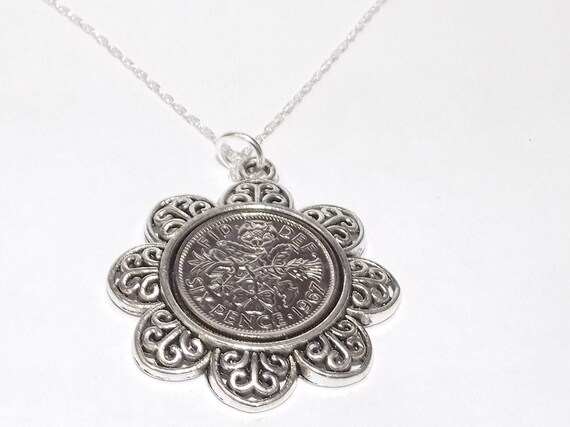 Floral Pendant 1967 Lucky sixpence 58th Birthday plus a Sterling Silver 20 in Chain 58th birthday gift for her, Thinking Of You, Mum, Dad
