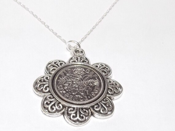 Floral Pendant 1967 Lucky sixpence 57th Birthday plus a Sterling Silver 20 in Chain 57th birthday gift for her, Thinking Of You, Mum, Dad