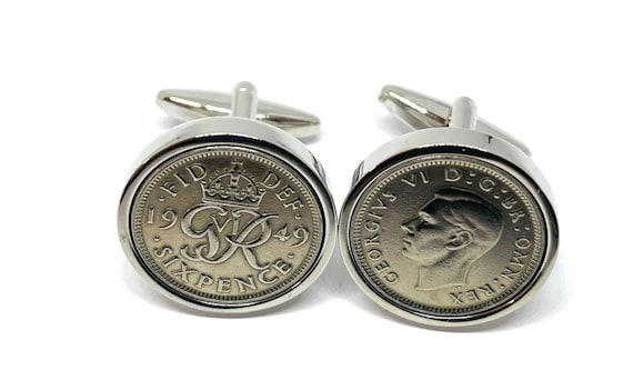 Luxury 1949 Sixpence Cufflinks for a 76th birthday.  Original British sixpences for mens 76th birthday in 1949, Fathers day gift, 76th gift
