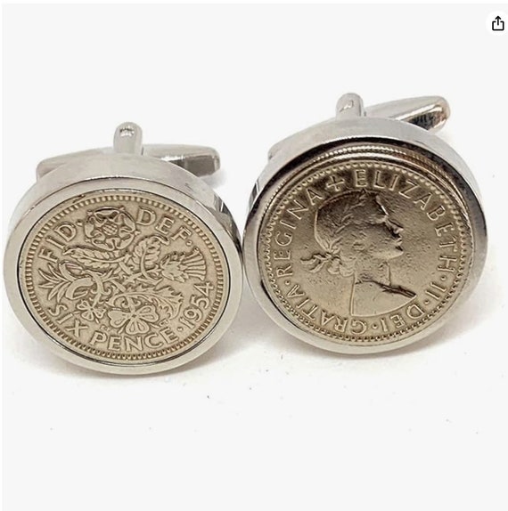 Premium 1954 Sixpence Cufflinks for a 71st birthday.  Original British sixpences for a 71st Thinking Of You,  Special Friend