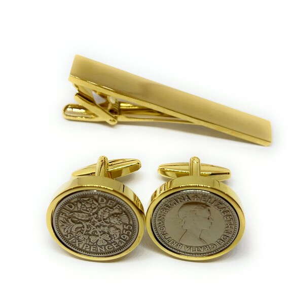 Premium 1955 Lucky sixpence cufflinks for a 70th Birthday cufflinks and Gold Plated Tie Clip Set, 70th  Dad, 70th Brother, Fathers day - PLN