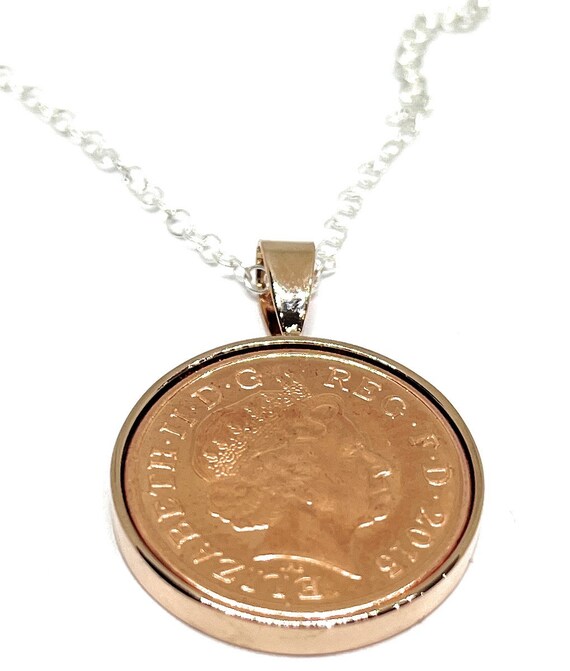 10th Anniversary Tin Pendant Necklace – 2015 1p Coin Gift for  Wedding, Unique 10 Year Anniversary Jewelry in Rose & Gold