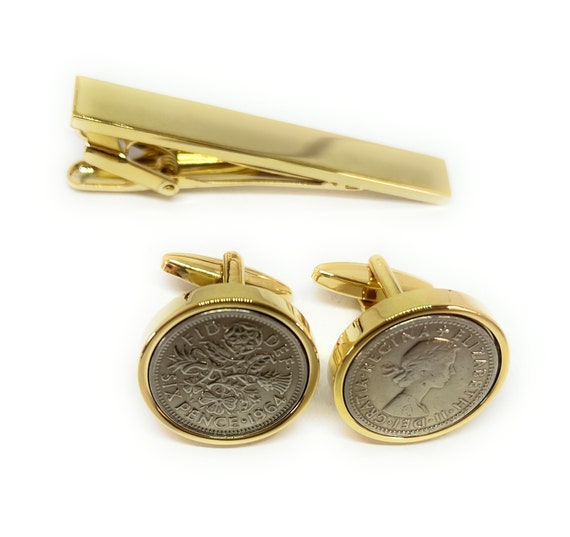 Premium 1964 Lucky sixpence cufflinks for a 61st Birthday gift cufflinks Gold Plated Tie Clip Set, 61st  Dad, 61st Brother, Fathers - HT GLD