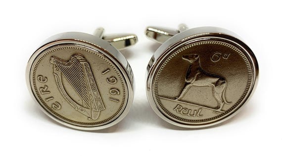 Boxed Cufflinks, 1961 Irish Sixpence with Silver Plated Mounts