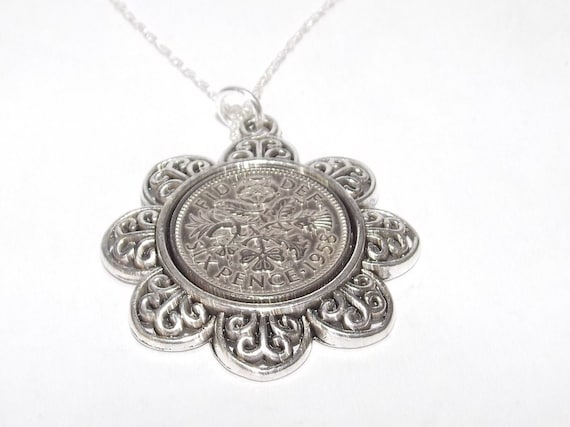 Floral Pendant 1959 Lucky sixpence 65th Birthday plus a Sterling Silver 22in Chain 65th birthday gift for her Thinking Of You, Mum Dad