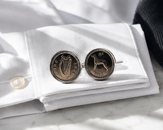 Irish Cufflinks, Silver Plated Mounts with Sixpence Coin