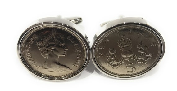 1971 53rd Birthday / Anniversary Old Large English 5p coin cufflinks - British Five Pence cufflinks from 1971 for a 53rd birthday Silver