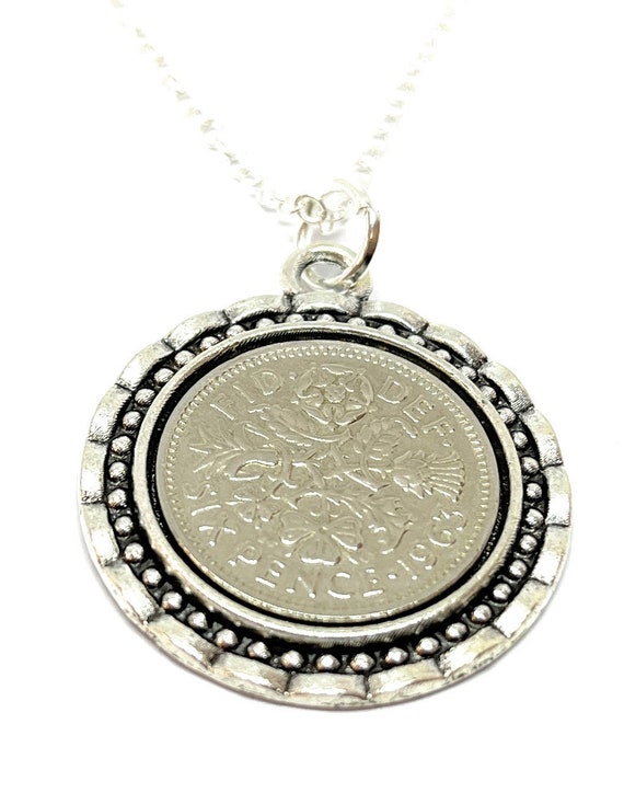 Link Pendant 1963 Lucky sixpence 62nd Birthday plus a Sterling Silver 18in Chain 62nd birthday gift for her, Thinking Of You, Mum, Dad