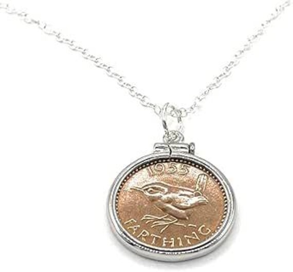 1955 70th Birthday gift Anniversary Farthing coin Silver Plated Pendant mount Sterling Silver Chain, 70th birthday , 70th, gift from 1955