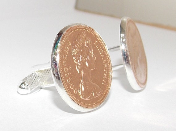 1977 47th Birthday / Anniversary 1 pence coin cufflinks - One pence cufflinks from 1977 for a 47th birthday present Thinking Of You, Mum Dad