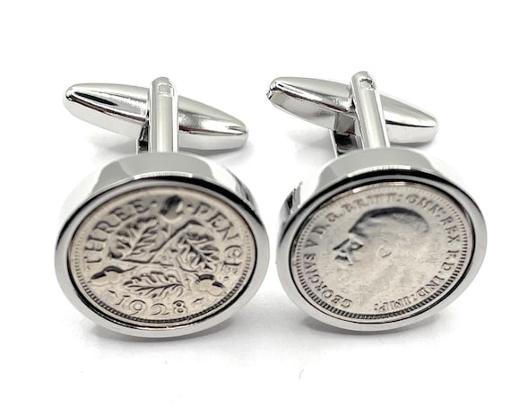 1928 Threepence Coin Cufflinks: 97th Birthday Gift, Silver Plated mounts