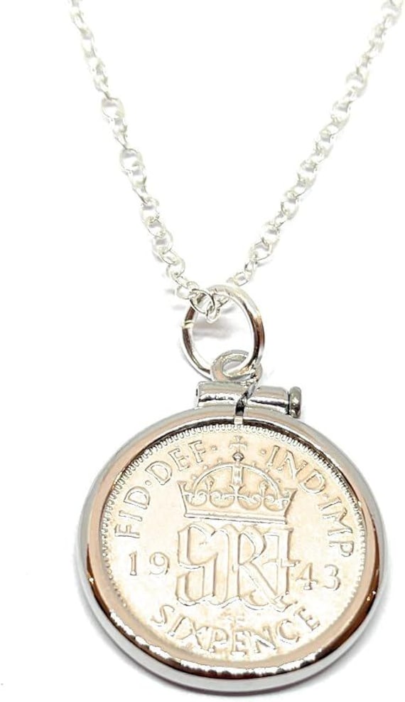 83rd Birthday Gift, 1943 Sixpence Coin Pendant Solid Cinch: Sterling Silver Chain